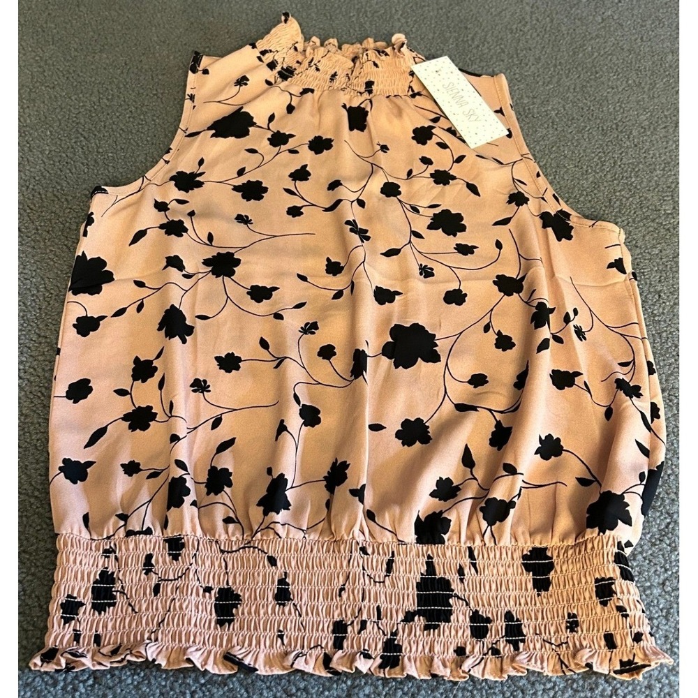 Sienna Sky Blouse Womens Small Floral Smocked Neck Sleeveless Pink Black NWT